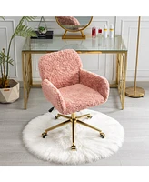 Slickblue Artificial Rabbit Hair Home Office Chair: Adjustable Swivel Desk Chair with Golden Metal Base - Pink Vanity Chair