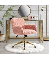 Slickblue Artificial Rabbit Hair Home Office Chair: Adjustable Swivel Desk Chair with Golden Metal Base - Pink Vanity Chair