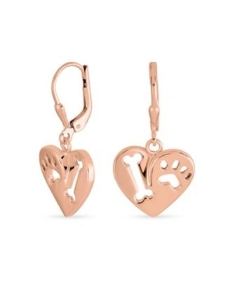 Bling Jewelry I Love My Dog Heart Shape Cut Out Puppy Pet Bone Animal Lover Paw Print Drop Dangle Lever Back Earrings For Women Rose Gold Plated .925 Sterling Silver