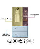 Famapy White Wood Armoires Wardrobe With Mirror, Pulling Hanging Rod, Drawers