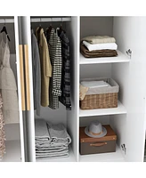 Famapy Grey Wood 4-Door Wardrobe Armoires with Hanging Rod and Storage Shelves