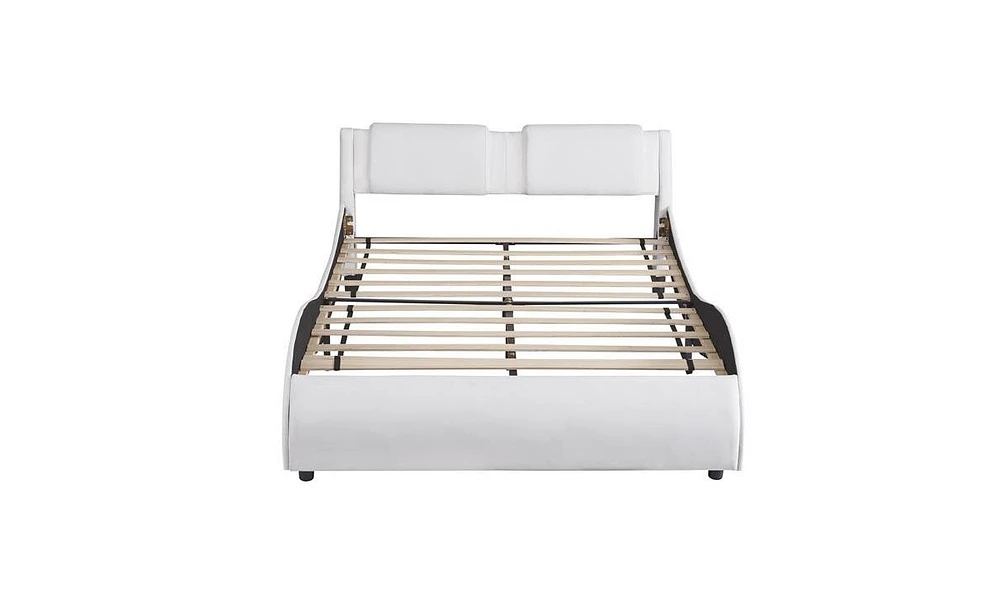 Slickblue Full Size Upholstered Faux Leather Platform Bed with Led Light Bed Frame with Slatted