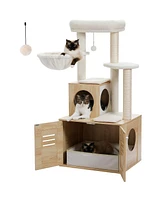 Slickblue Cat Tree with Litter Box Enclosure – 50'' Modern Cat Tree for Large Cats with Condo, Wooden Furniture, Large Hammock