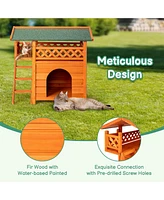 Slickblue 2-Story Wooden Feral Cat House – Outdoor/Indoor Kitty Shelter with Door, Stairs, and Weatherproof Roof, Orange & Green