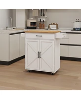 Slickblue Kitchen Island Rolling Trolley Cart: Adjustable Shelves, Towel Rack, Seasoning Rack & Rubber Wood Table Top - White