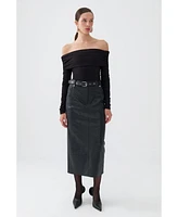 Nocturne Women's Faux Leather Midi Skirt with Belt