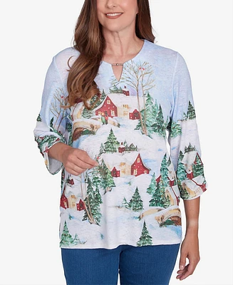 Alfred Dunner Petite Classics Split Neck Winter Wonderland Top