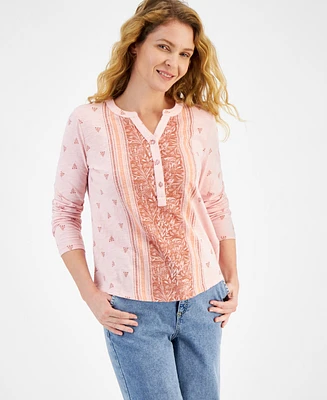 Style & Co Women's Cotton Mixed-Print Henley Top, Created for Macy's