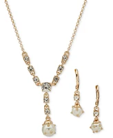 Anne Klein Gold-Tone Crystal & Studded Imitation Pearl Lariat Necklace & Drop Earrings Set