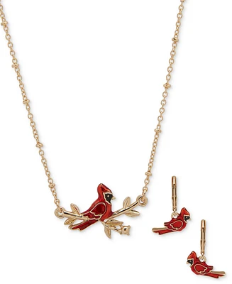 Anne Klein Gold-Tone Cardinal Pendant Necklace & Drop Earrings Set