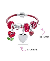 Bling Jewelry Initials Love Anniversary Bff Friendship Heart Valentine Starter Beads Multi Charm Bracelet Red Leather For Women .925 Sterling Silver E