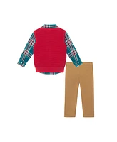 Andy & Evan Toddler Boys Toddler/Child Navy Plaid Buttondown w/Maroon Sweater Vest Bowtie