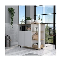 Depot E-Shop St. Thomas Kitchen Cart, Four Open Shelves, Double Door Cabinet, Four Casters, Light Oak / White - Multi