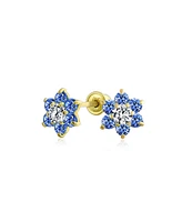 Bling Jewelry Tiny London Blue Cz Flower Stud Earrings For Women For Cubic Zirconia Royal Blue 14KGold Screw back