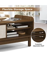 Gymax Rectangular Coffee Table w/ Storage Weaving Sliding Door & Adjustable Shelf