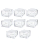 Sterilite 27 Quart Clear & White Plastic Storage Bin with One Drawer, 8 Pack