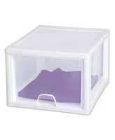 Sterilite 27 Quart Clear & White Plastic Storage Bin with One Drawer, 8 Pack