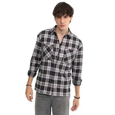 Men's Navy Blue & Cloud Grey Tartan Plaid Shirt