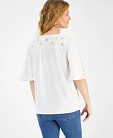 Style & Co Women's V-Neck Embroidered Flutter-Sleeve Top, Created for Macy's