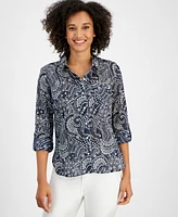 Nautica Jeans Women's Cotton Paisley-Print Roll-Tab Shirt