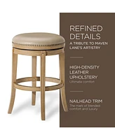 Maven Lane Alexander Backless Bar Stool, Weathered Oak Finish w/ Avanti Bone Leather