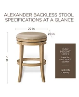 Maven Lane Alexander Backless Bar Stool, Weathered Oak Finish w/ Avanti Bone Leather