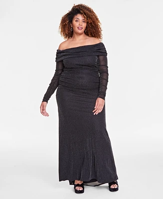 B Darlin Trendy Plus Off-The-Shoulder Glitter Gown