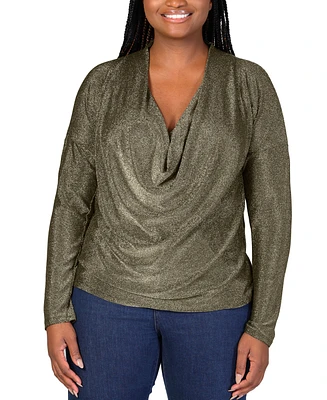 24seven Comfort Apparel Plus Cowl Neck Long Sleeve Shimmery Top