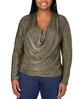 24seven Comfort Apparel Plus Cowl Neck Long Sleeve Shimmery Top