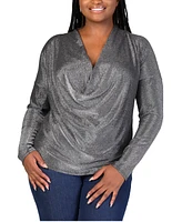 24seven Comfort Apparel Plus Cowl Neck Long Sleeve Shimmery Top