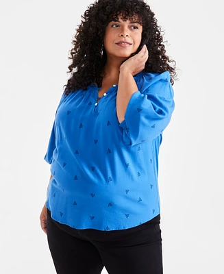 Style & Co Plus Printed Blouson-Sleeve Blouse, Created for Macy's