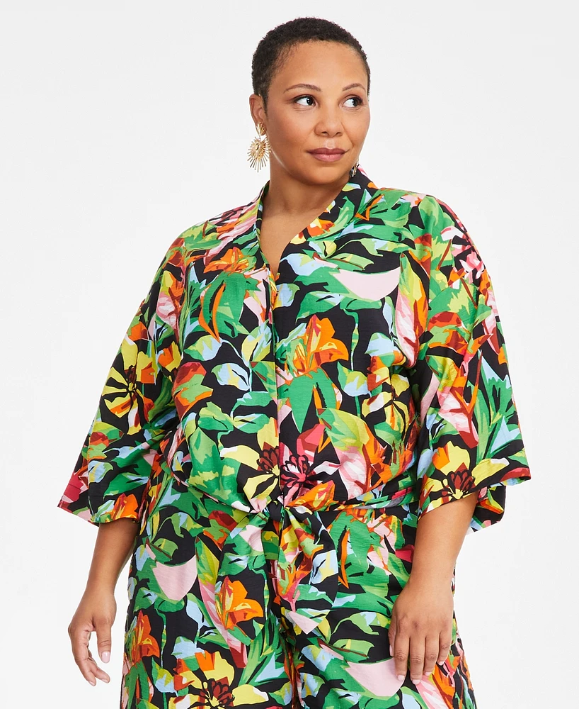 I.n.c. International Concepts Plus Short-Sleeve Tie-Front Top, Exclusively at Macy's