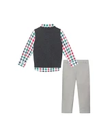 Andy & Evan Little Boys Toddler/Child White Plaid Buttondown w/Charcoal Sweater Vest Bowtie