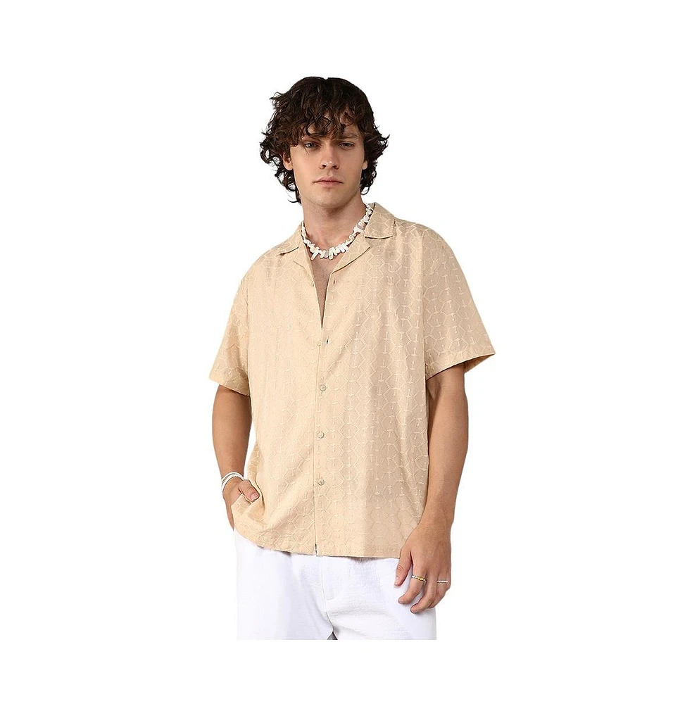 Campus Sutra Men's Beige Embroidered Geometric Shirt