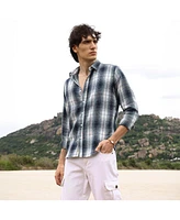 Men's Navy Blue & Ivory White Ombre Buffalo Check Shirt