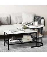 Gymax Nesting Coffee Table Set of 2 Faux Marble Top Detachable w/ Storage Shelf Gold