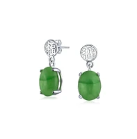 Bling Jewelry Asian Style Dyed Green Jade Chinese Good Fortune Dangle Drop Earrings For Women .925 Sterling Silver