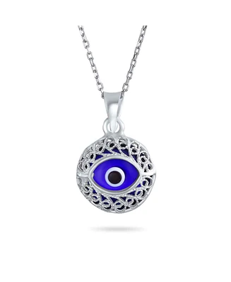 Bling Jewelry Turkish Spiritual Protection Amulet Round Circle Moving Floating Navy Nazar Blue Evil Eye Filigree Charm Pendant Necklace For Women .925