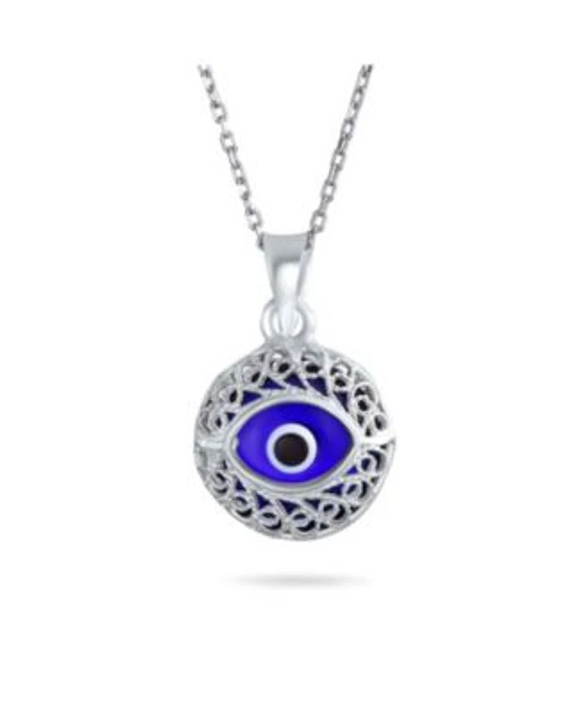 Bling Jewelry Turkish Spiritual Protection Amulet Round Circle Moving Floating Navy Nazar Blue Evil Eye Filigree Charm Pendant Necklace For Women .925 Sterling Silver