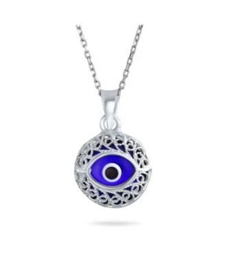 Bling Jewelry Turkish Spiritual Protection Amulet Round Circle Moving Floating Navy Nazar Blue Evil Eye Filigree Charm Pendant Necklace For Women .925 Sterling Silver