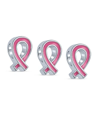 Bling Jewelry Set Of 3 Radiant Pink Ribbon Enamel Hope Breast Cancer Survivor Charm Bead - Authentic .925 Sterling Silver