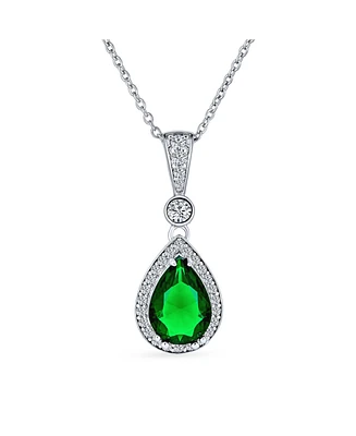 Bling Jewelry Blue Cz Halo Solitaire Teardrop Pear Shape Pendant Necklace For Women .925 Sterling Silver