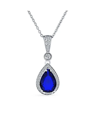 Bling Jewelry Blue Cz Halo Solitaire Teardrop Pear Shape Pendant Necklace For Women .925 Sterling Silver