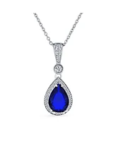 Bling Jewelry Blue Cz Halo Solitaire Teardrop Pear Shape Pendant Necklace For Women .925 Sterling Silver