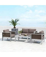 Gymax Outdoor Rectangle Coffee Table Aluminum Side Table w/ Tempered Glass Tabletop