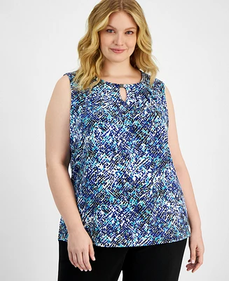 Kasper Plus Printed Pleated Keyhole-Neck Top