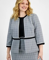 Kasper Plus Open-Front Piped-Trim Tweed Jacket