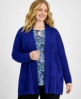 Kasper Plus Open-Front Pointelle Patterned Cardigan