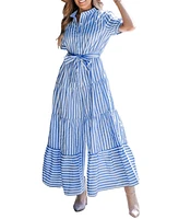 Cupshe Women's Blue Striped Puff Sleeve Front Button Maxi Beach Dress