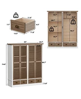 Famapy Brown Wood Shutter Doors Armoires Wardrobe with Thick Base, 4-Drawers
